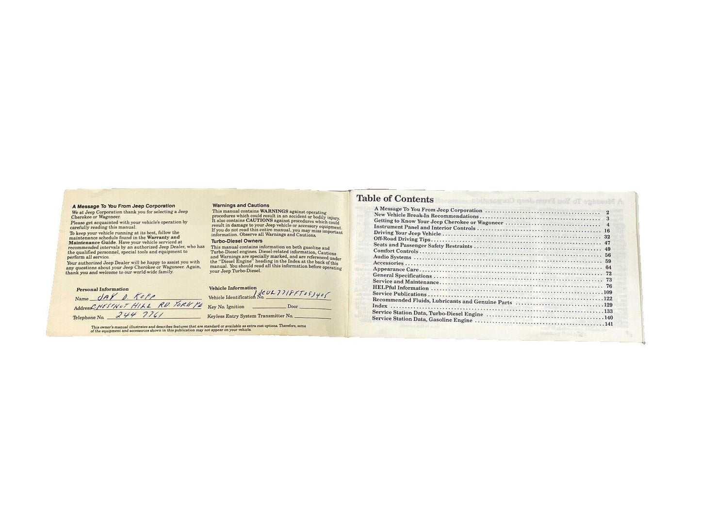 85 Jeep XJ Cherokee Owners MANUAL Warranty Booklet Information Maintenance Guide