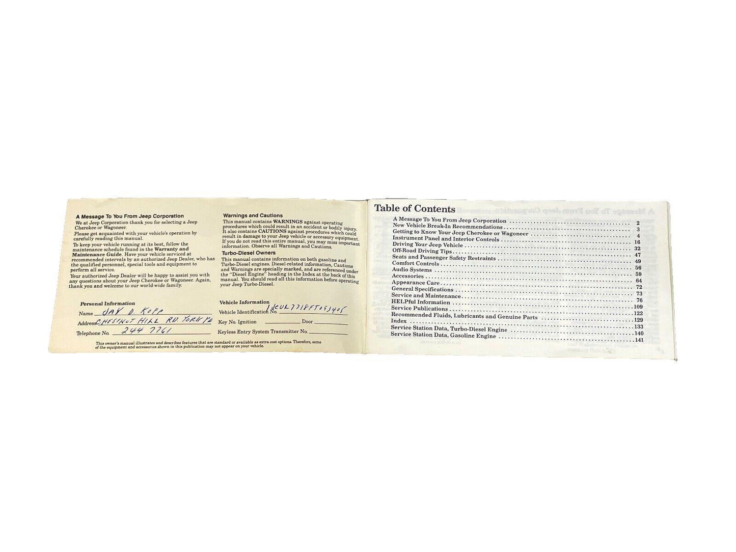 85 Jeep XJ Cherokee Owners MANUAL Warranty Booklet Info Maintenance Guide