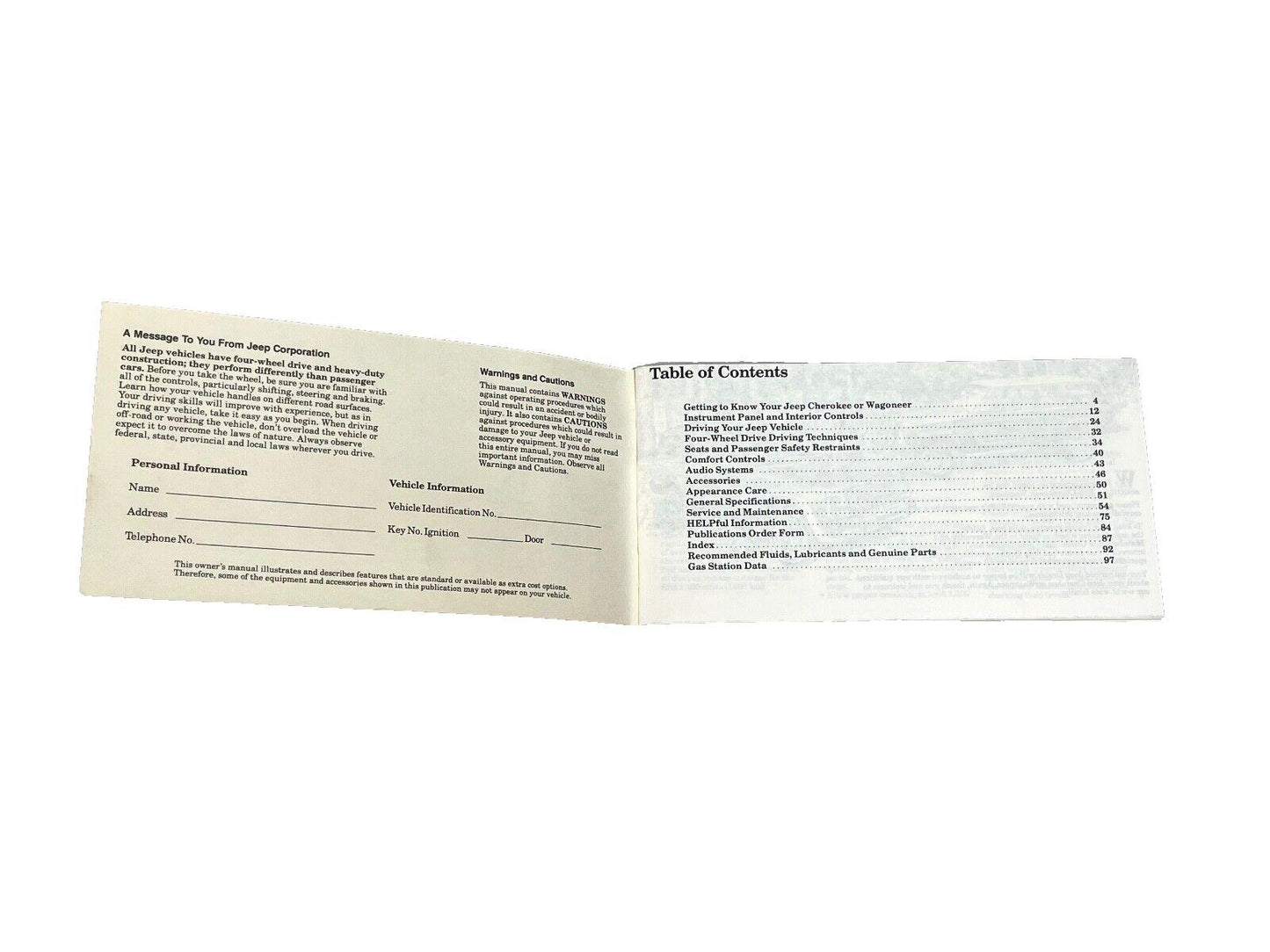 Jeep XJ Cherokee 1986 Owners Manual Warranty Maintenance  Guide FREE SHIP
