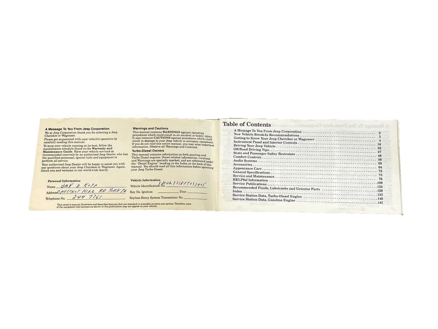 Jeep 85 XJ Cherokee Owners MANUAL Warranty Booklet Info Maintenance Guide