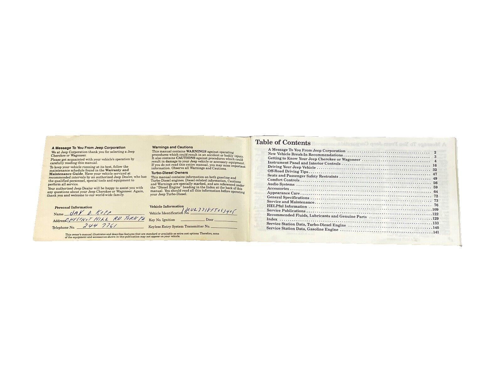 Jeep 85 XJ Cherokee Owners MANUAL Warranty Booklet Info Maintenance Guide