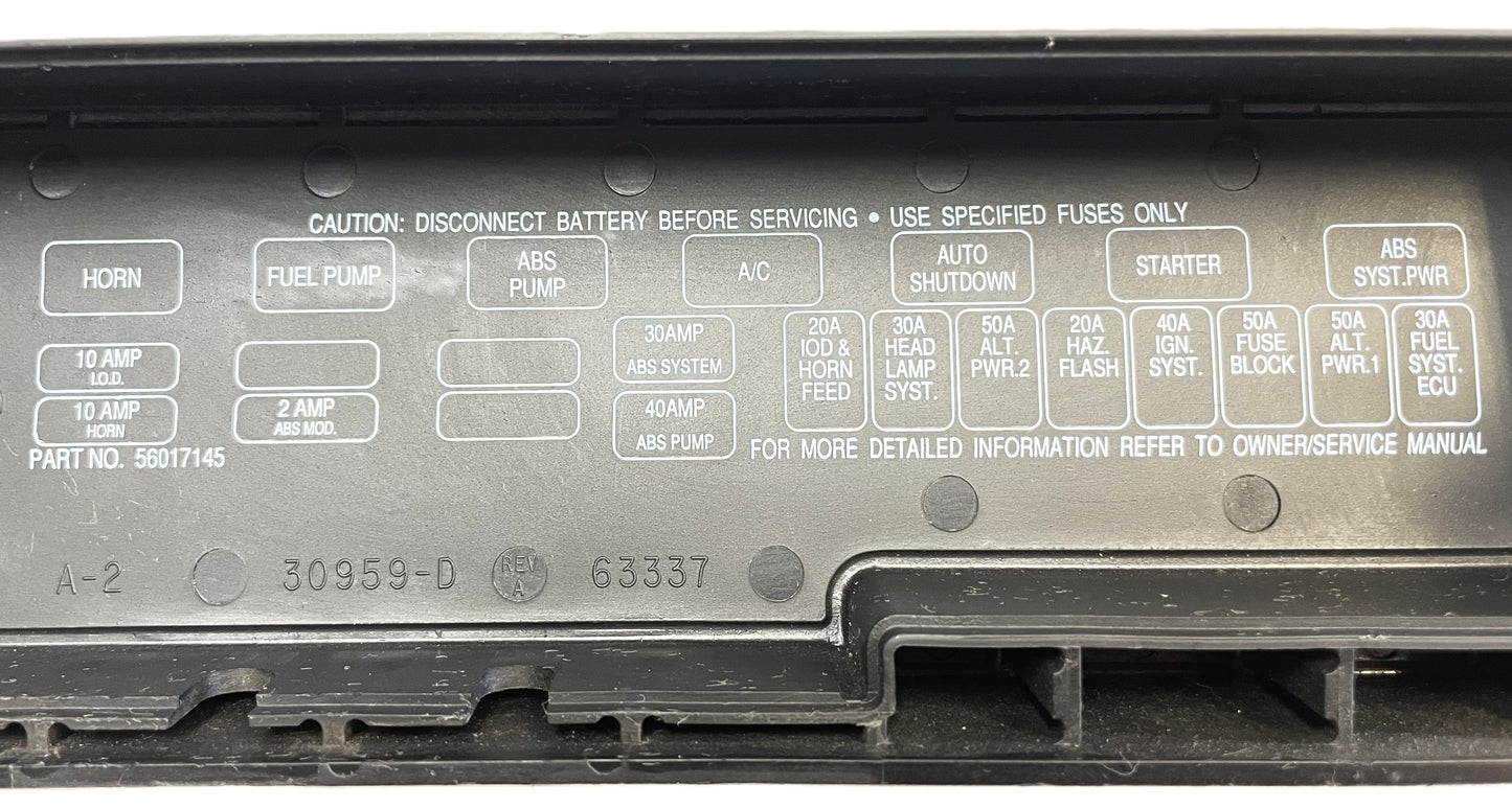 Jeep Wrangler YJ 91-95 Cubierta del panel del relé del bloque de fusibles debajo del capó OEM 56017145 ! 